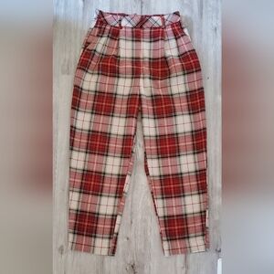 H&M Red & White Plaid High Rise Pleated Front Tweed Trousers Pants Size 4